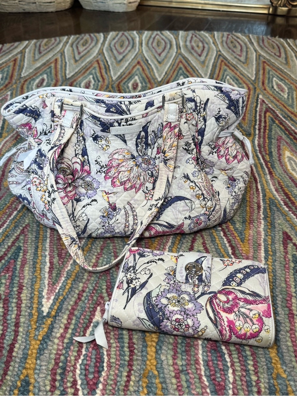 (SET OF 2)Vera Bradley Quilted Tote and Wallet - White with Pink & Purple Floral - Picture 2 of 16